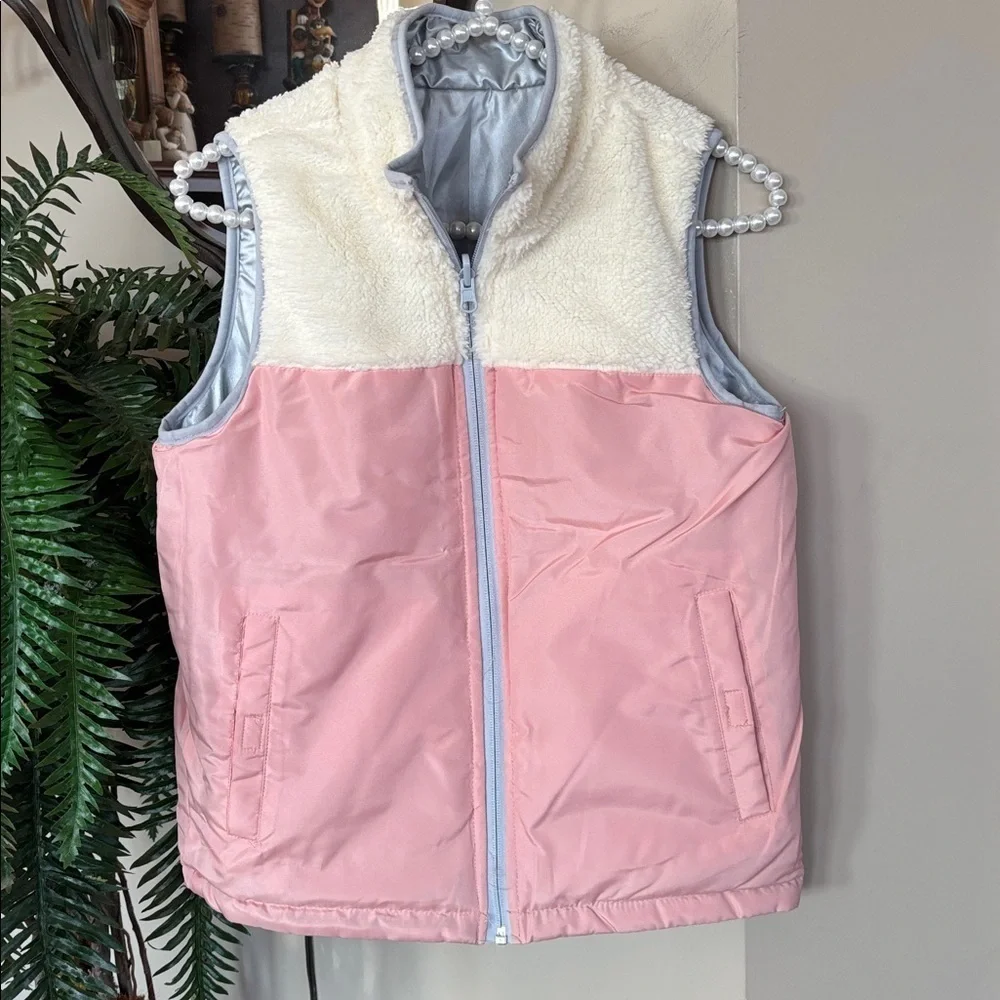 Buffalo David Bitton Reversible Zip Up Vest Silver Metallic & Pink Cream Sherpa